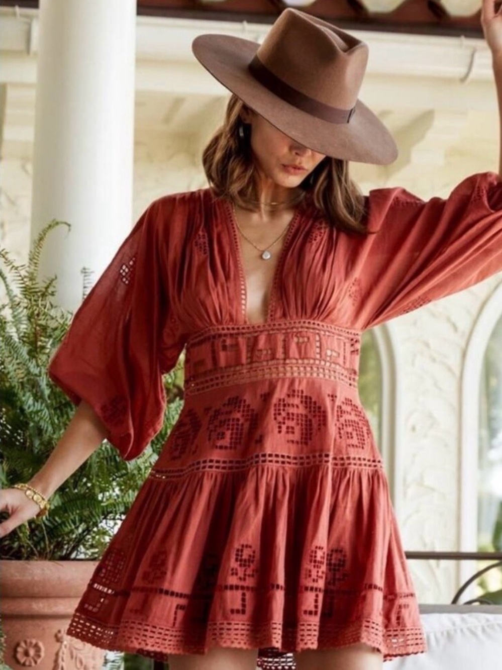 FREE PEOPLE Tea Time Rust Worthy Mini Dress Plunge Neck Boho Size 6